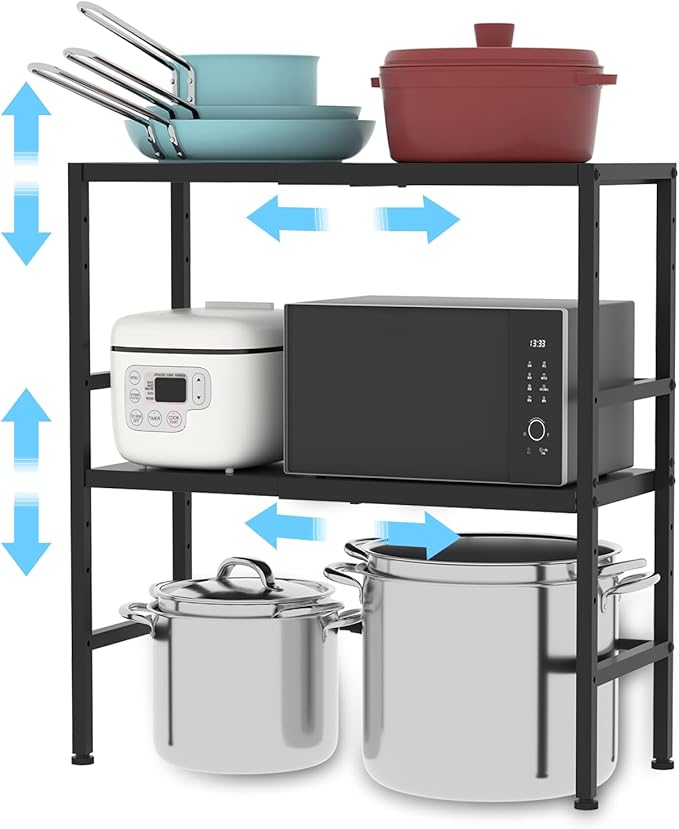 2-Tier Expandable Metal Storage Shelves, 150LBS Heavy Duty Shelving Units and Storage,Adjustable Utility Organization and Storage Shelf Rack For Kitchen Garage Laundry Bathroom Pantry Warehouse