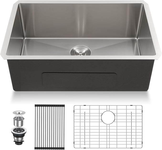 Lordear 27 Undermount Kitchen Sink 27X18 Inch Deep Single Bowl 16 Gauge Stainless Steel R10 Round Corner Under Counter Handmade Kitchen Sink Basin