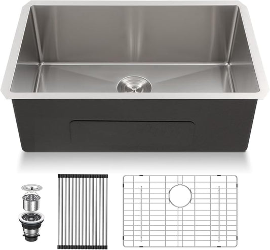 Lordear 27 Undermount Kitchen Sink 27X18 Inch Deep Single Bowl 16 Gauge Stainless Steel R10 Round Corner Under Counter Handmade Kitchen Sink Basin