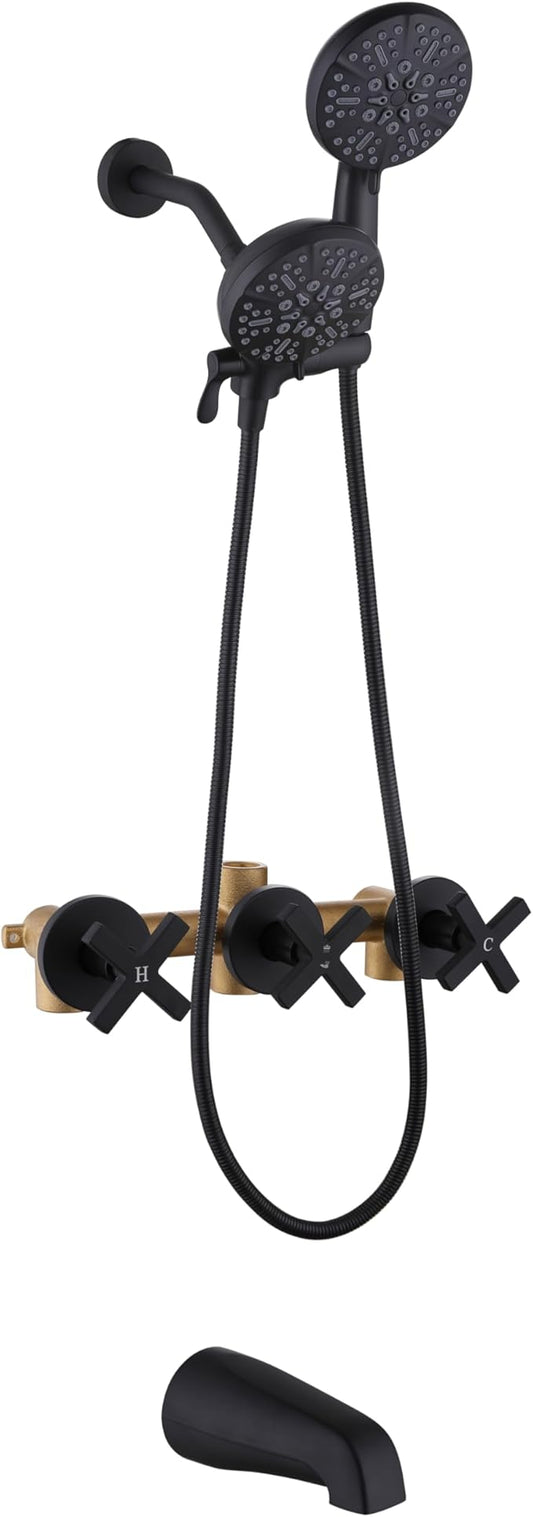 3 Handle Shower Faucet Set, Bathtub Shower Faucet Combo with Tub Spout, Modern Shower System Complete Matte Black