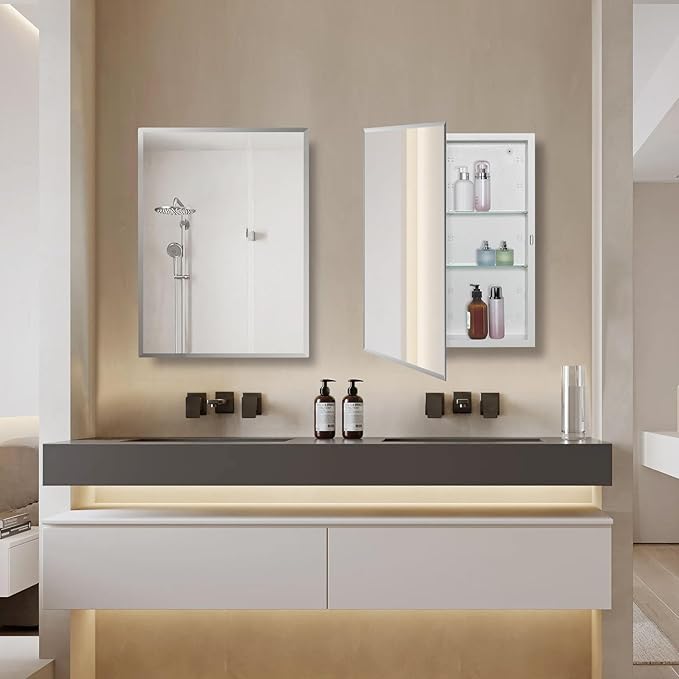 Bathroom Medicine Cabinet with Beveled Edge Mirrored Door 16 x 22 inch, Recessed or Surface Mount, with Adjustable Glass Shelves