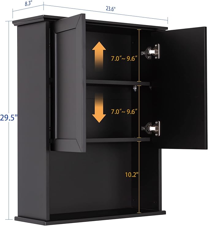 Black Bathroom Wall Cabinet 23x29 inch Wooden Bathroom Medicine Cabinet with 2 Doors and Adjustable Shelf, Wall Mounted Cabinet Over Toilet Storage Cabinet
