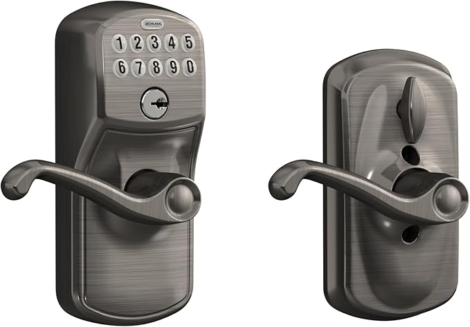 SCHLAGE FE595 PLY 620 FLA Plymouth Keypad Entry with Flex-Lock and Flair Style Levers, Antique Pewter