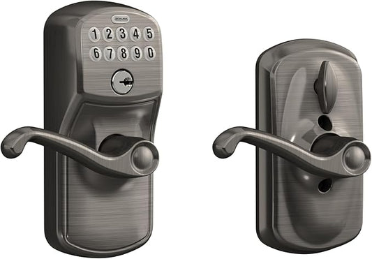 SCHLAGE FE595 PLY 620 FLA Plymouth Keypad Entry with Flex-Lock and Flair Style Levers, Antique Pewter