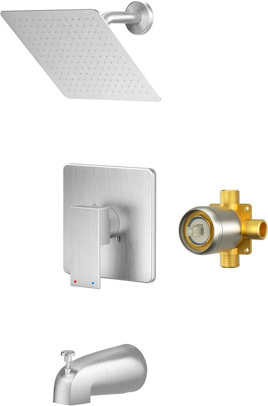 Alesco Shower Faucet Set, Brushed Nickel Tub Shower Faucet with 8-Inch Showerhead and Bathtub Spout, Showerhead and Handle Set Include Valve and Trim Kit, Brushed Nickel