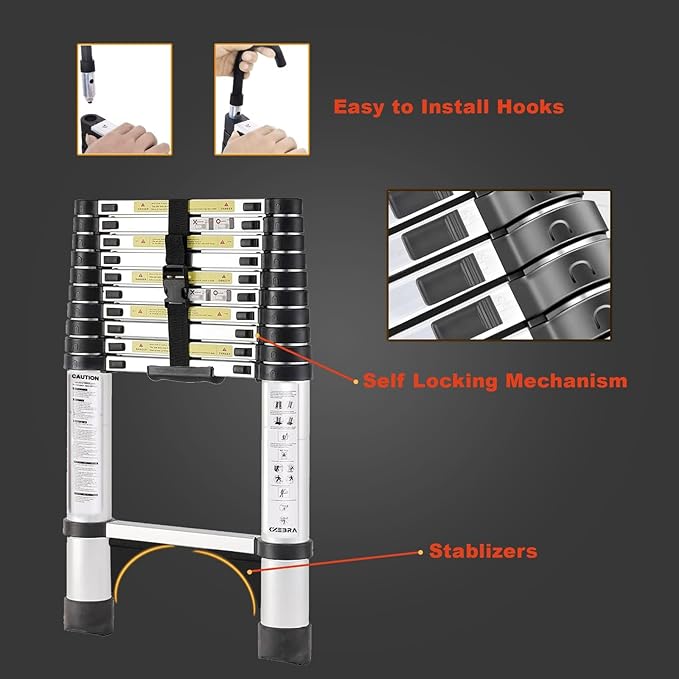 Telescoping Ladder, 10.5 FT Aluminum Lightweight Extension Ladder with 2 Stable Hooks, 2 Triangle Stabilizers & Non-Slip Feet, Heavy Duty 330 Lbs Max Capacity, Ideal for Home, RV & Outdoor Work