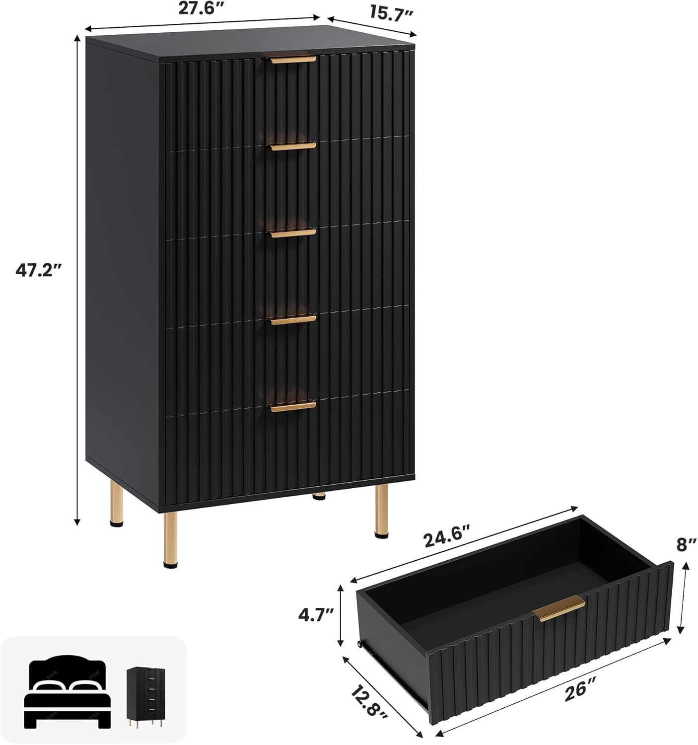 5 Drawer Dresser for Bedroom, 47.2" Tall Modern Chest of Drawers with Deep Drawers and Wide Top, Fluted Wooden Dresser Organizer for Living Room, Hallway, Kids Room, Black