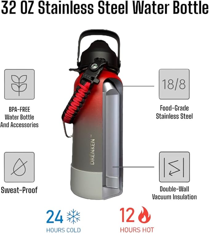 Water Bottle, Insulated water bottle, Stainless steel water bottle for kids men women Sports water bottle 32 oz Water bottle with straw Insulated Flask (Gradient Red/Gray)