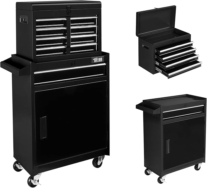 TUFFIOM 5-Drawer Rolling Tool Chest, Tool Storage Cabinet w/Drawers, Lockable Wheels, Detachable Top & Adjustable Shelf, Mechanic Tool Organizer Box for Garage, Workshop, Warehouse & Repair Shop