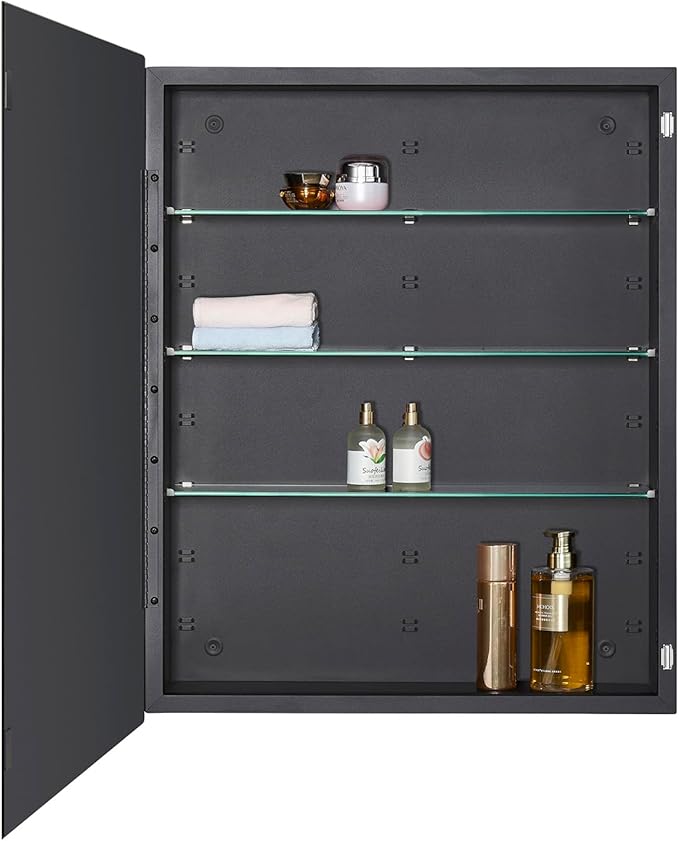 Black Bathroom Medicine Cabinet with Beveled Edge Mirrored Door 24 x 30 inch, Recessed or Surface Mount, with Adjustable Glass Shelves