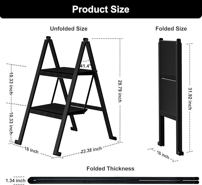 2 Step Ladder,Aluminum Ultra Thin Folding Step Stool,400 Lbs Capacity Heavy Duty with Anti-Slip Sturdy and Wide Tread,Closet Slim Step for Home,Kitchen and Office,Space Saving (Black, 2-Step)
