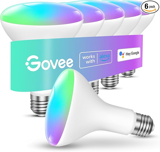 Govee Smart Light Bulbs, 1200 Lumens Dimmable BR30 Bulbs, RGBWW Color Changing Light Bulbs, WiFi & Bluetooth LED Bulbs, 16 Million Colors, Music Sync, Compatible with Alexa, Google Assistant, 6 Pack