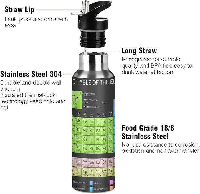 Periodic Table Of The Elements Water Bottle with Straw Lid for Fitness Gym Camping Outdoor Sports, Wide Mouth Vacuum Insulated 18/8 Stainless Steel, 22 oz