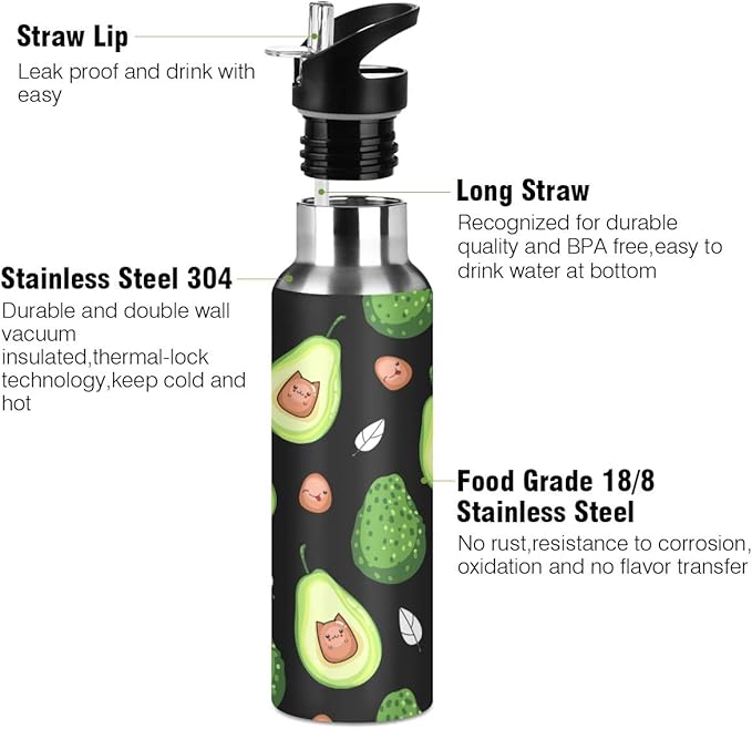 Kawaii Avocado Fruit Water Bottle with Straw Lid for Fitness Gym Camping Outdoor Sports, Wide Mouth Vacuum Insulated 18/8 Stainless Steel, 22 oz
