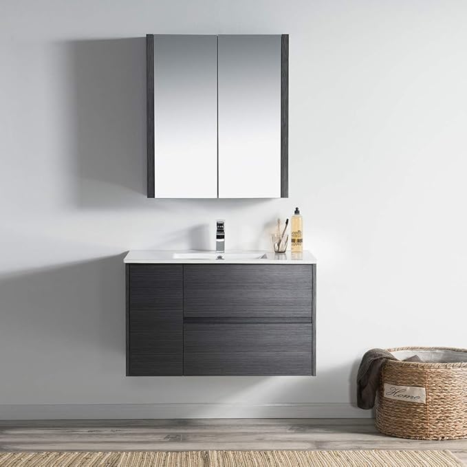 Blossom Single Bathroom Vanity with Ceramic Sink and Mirror Medicine Cabinet | All Wood Floating Vanity Cabinet | 2 Soft-Closing U-Shaped Cutout Drawers | 36 inch, Silver Grey