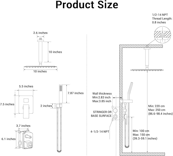 Ceiling Mount Shower Faucet Set Square Showerhead Bathroom Rainfall Shower System Stainless Steel Shower Trim Kit 10 Inches (Chrome)