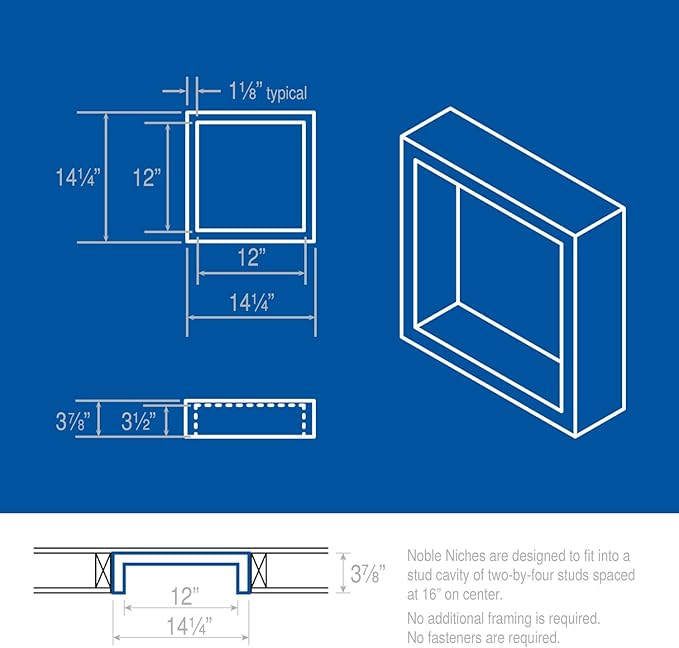 Noble Preformed 301 Square Shower Niche Modern Bathroom Storage Solution with Built-in Shelf Water-Resistant Easy Install Ideal for Toiletries Shampoo Shower Accessories (14 ¼” W x 14 ¼” H)