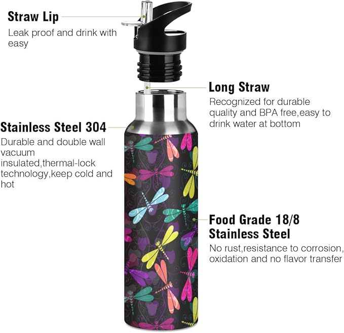 MNSRUU Insulated Water Bottle with Straw, Rainbow and Unicorns Stainless Steel Flasks for Sports Cycling Hiking School