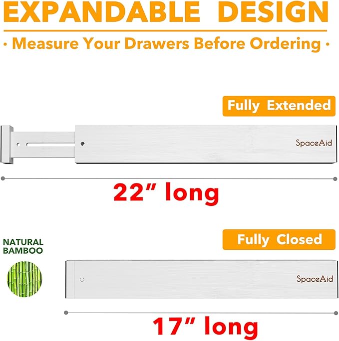 SpaceAid 4 Pack Bamboo Drawer Dividers with Labels, Kitchen Adjustable Drawer Organizers, Expandable Organization for Home Clothes Dressers (17-22 in, White)