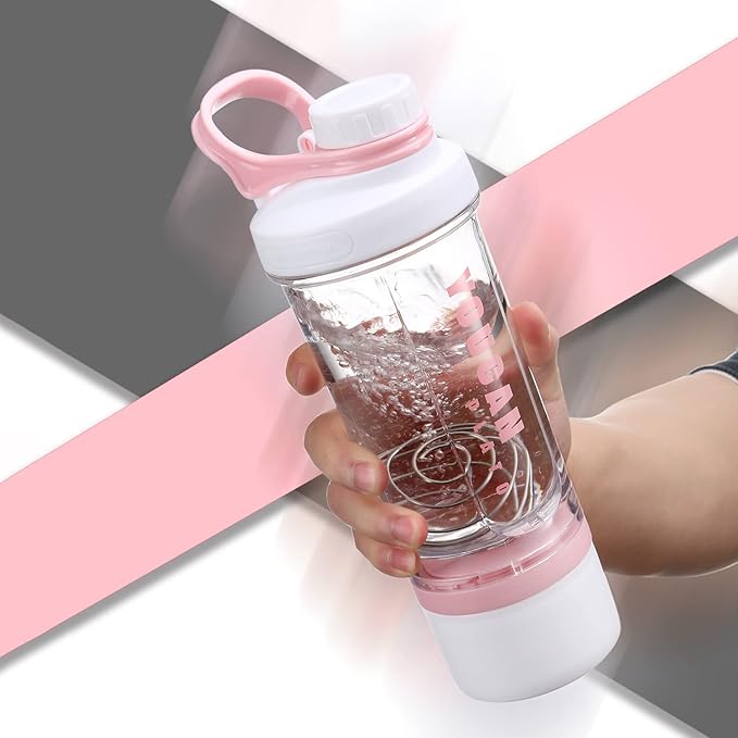 21oz Protein Shaker Bottle with Powder Storage Container-Shaker Cups for Protein Shakes-pre workout bottle-Mixer Cup-Gym Sport Water Bottle -Made with Tritan BPA Free,with Wire Whisk Balls,Pink
