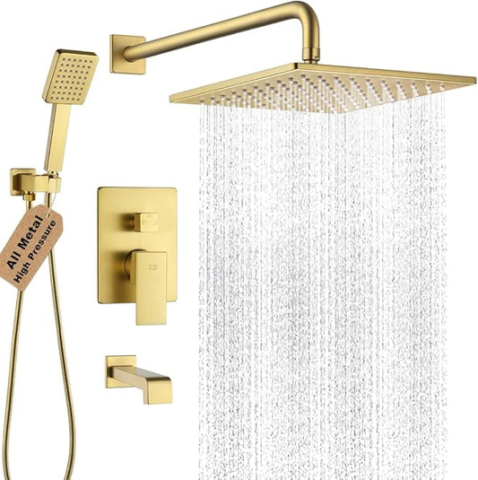 POP SANITARYWARE Shower Tub Faucet Set Brushed Gold Bathroom Rain Shower System with Tub Spout Wall Mounted Rainfall 10 Inch Thickened Shower Head and Handle Set Include Shower Valve and Trim Kit