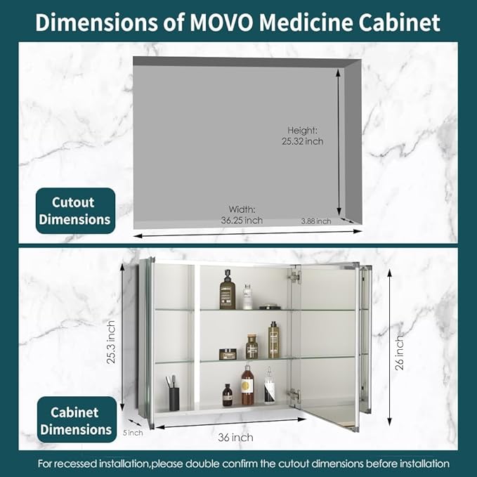 Movo Double Doors Medicine Cabinet with Mirror, 36 inch X 26 inch Aluminum Bathroom Medicine Cabinet, Adjustable Glass Shelves, Waterproof and Rust-Resist, Recess or Surface Mount Installation,Silver