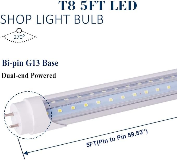 6 Pack T8 5FT 48W LED Tube Light Bulbs 6000K Bright White G13 Bi- Pin Base with Dual Row LEDs 100W Fluorescent Tube Replacement 5 Foot T10 T12 Indoor Light Fixture for Shop,Garage,Warehouse