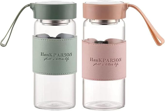 Glass Water Bottles 16 Oz Borosilicate water bottle-with sealing cap and Holsters and filters - BPA free,Men and Women Portable Glass Bottle (Pink+Green)