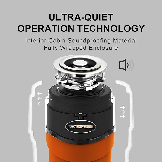 Garbage Disposal 1 HP Ultra Quiet Anti-Jam Grinding System Continuous Feed Food Waste Disposer with Power Cord Easy install, AC Motor Stainless Steel Grind 1 Horsepower (MAX-6)