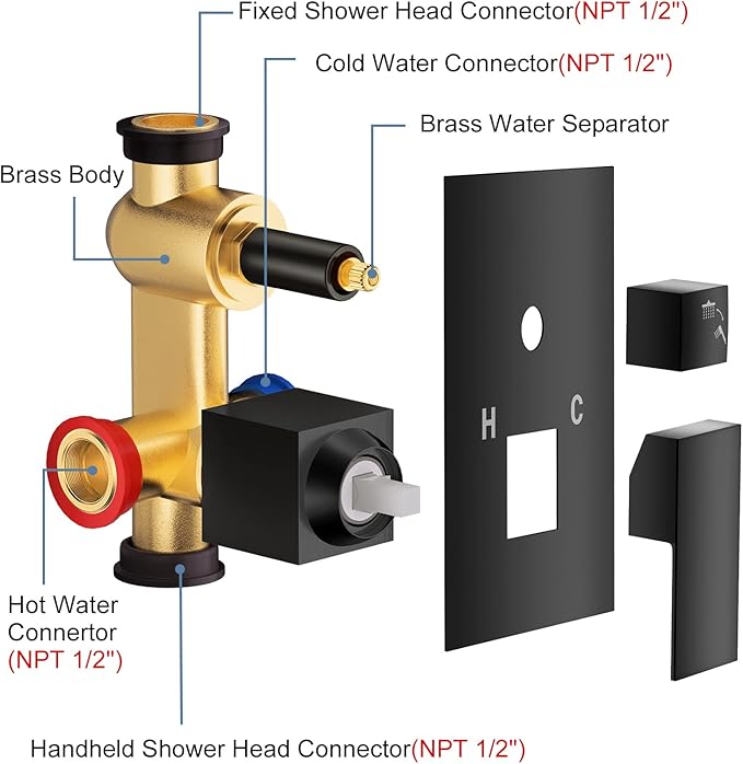 NERDON Shower System, 12 Inch Matte Black High Pressure Shower Head with Rain Handheld Combo Set, Ceiling Mounted Dual Shower Head System, Bathroom Shower Faucet Set Rough-in Valve Body and Trim