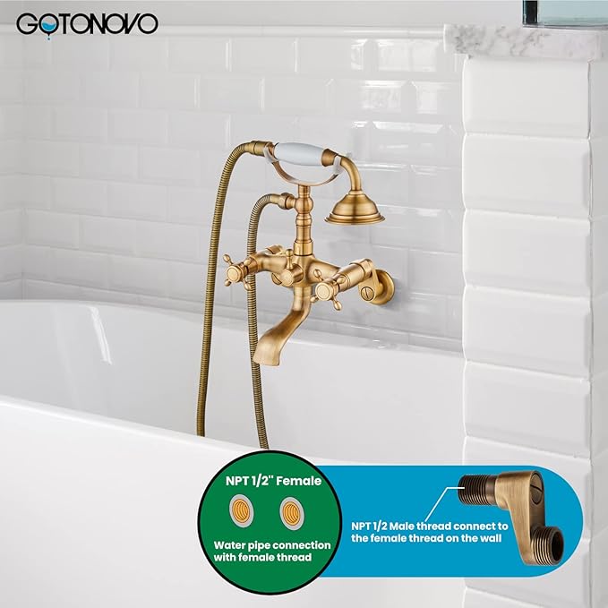 gotonovo Clawfoot Bathtub Faucet Tub Filler with Hand Held Shower Faucet Set Victorian Double Cross Handle 6 Inch Center Adjustable Swing Arms Tub Mount Short Adapter Antique Brass