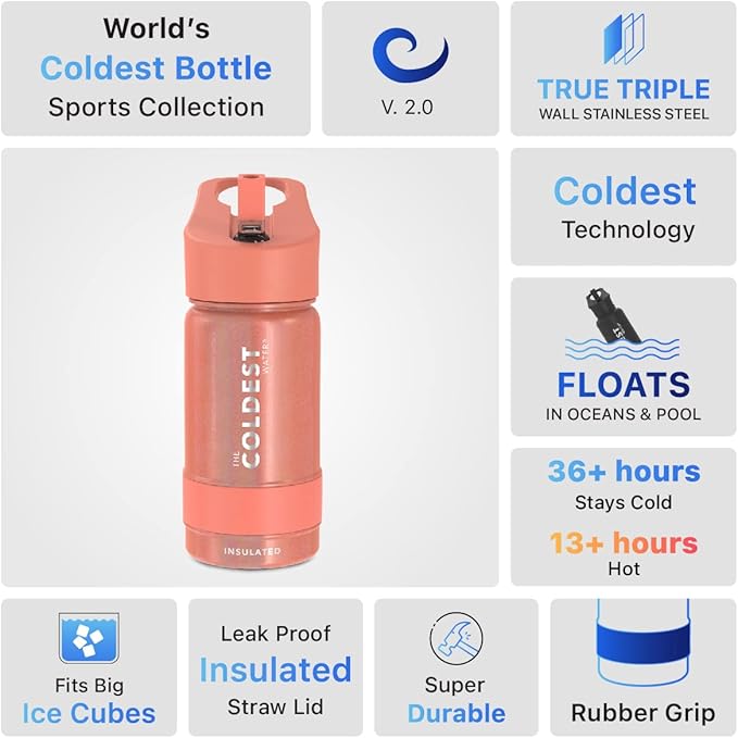 Coldest Sports Water Bottle - Straw Lid Bottle with Handle Leak Proof, Vacuum Insulated Stainless Steel, Double Walled, Thermo Mug, Metal | Pink Froze 14 oz