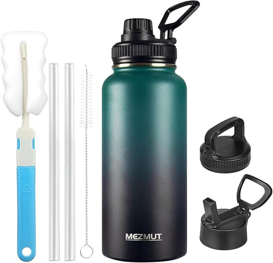Stainless Steel Water Bottles 32oz Insulated Water Bottle with Straw&3 Lids Double Walled Sports Metal Thermos Water Bottle Cup Leak-Proof Vacuum Insulated Bottles Travel (Gradient Green Black)