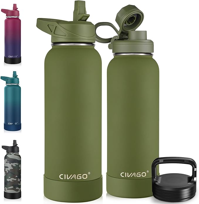 CIVAGO 40 oz Insulated Water Bottle With Straw, Stainless Steel Sports Water Cup Flask with 3 Lids (Straw, Spout and Handle Lid), Double Walled Travel Thermal Canteen Mug, Army Green