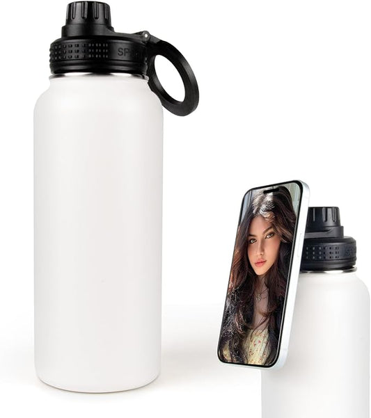 Magnetic Water Bottle with Phone Holder, 32oz Insulated Water Bottle Stainless Steel Travel Water Bottle for Gym, Hot 12H, Cold 24H (Black) (White)