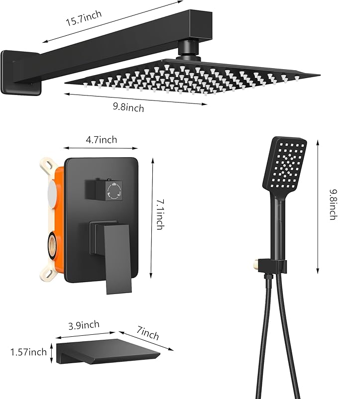 Shower Faucet Set Complete Matte Black Shower System with 10 inch Square Rainfall Shower Head 3-Function Handheld Shower Waterfall Bathtub Spout Rain Shower Combo Set Bathroom Wall Mounted