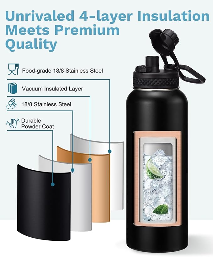 Insulated Water Bottle 40oz - Triple Wall Metal Water Bottle with Straw & Spout Lid, Paracord Handle, Bottle Carrier Bag, Water Bottles Stainless Steel 40 oz