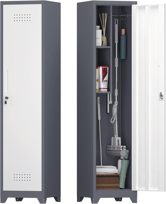 Storage Cabinet,Slim Broom Closet Storage Cabinets with Lockable Doors,Narrow Utility Cabinets with Hanging Rod,Tall Broom Closet for Laundry,Home Office,Grey-White