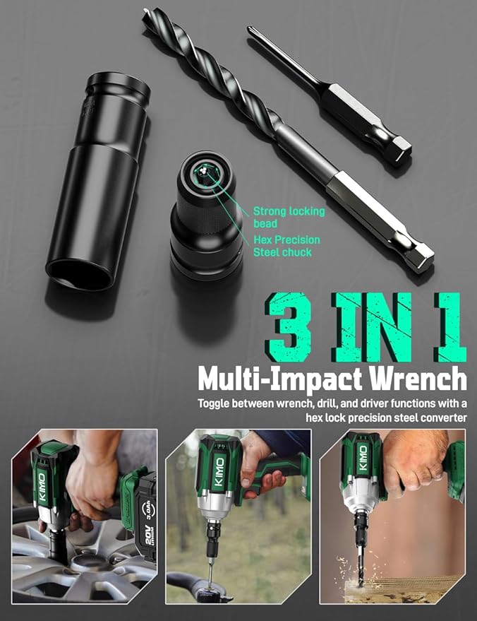 KIMO Impact Wrench 1/2, Max Torque 406ft-lbs (550N.m) & 3000RPM /Premium Brake Stop, 9-Piece Drill & Serewdriver Set, 4 Sockets, Cordless Impact Wrench with 2x4.0Ah Battery, Impact Driver for CarTires