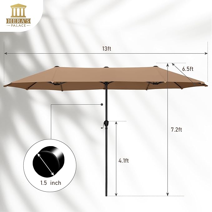 HERA'S PALACE 13 ft Large Patio Umbrella Double-Sided Outdoor Market Umbrella for Poolside Lawn Garden Powerful UV Protective, Tawny