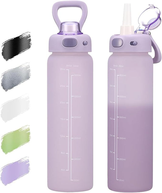 SIEROZUR 32 oz Glass Water Bottle with Straw and Handle Large Sports Motivational Water Bottle with Locking Lid and Time Marker Leakproof Water Jug for Daily Hydration Intake BPA Free