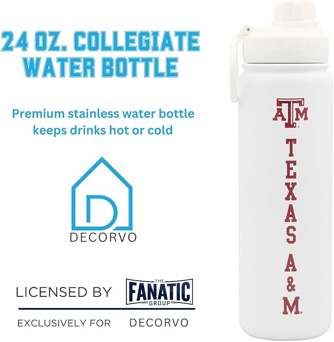Texas A&M Water Bottle - White Double Walled Stainless Steel 24 oz Keeps Drinks Cold or Hot