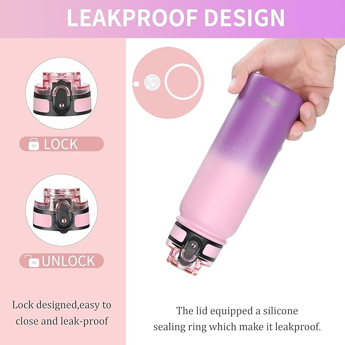 GOPPUS 20 oz Kids Water Bottle with Straw Wide Mouth Lid Double Walled Insulated Stainless Steel Water Bottles with Strap Handle Stickers for Boys Girls School (Pink Purple 1 Lid)