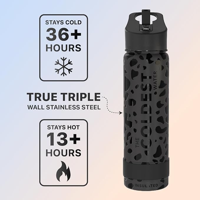 Coldest Sports Water Bottle with Straw Lid Vacuum Insulated Stainless Steel Metal Thermos Bottles Reusable Leak Proof Flask for Sports Gym (24 oz, Black Leopard)