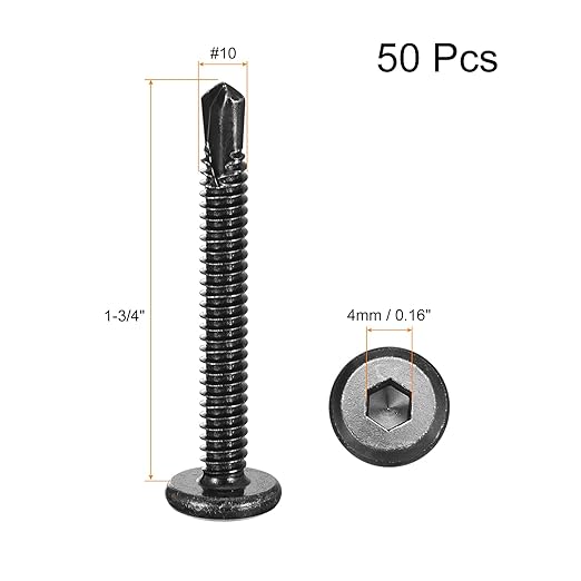 uxcell Hex Socket Self Tapping Screws, #10 x 1-3/4" 410 Stainless Steel Sheet Metal Flat Head Drilling Screw 50pcs, Black