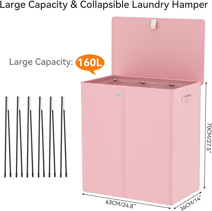 WOWLIVE Laundry Hamper with Lid,160L Large Laundry Basket 3 Section with Removable Washing Bags,Collapsible Waterproof Dirty Clothes Hamper for Laundry Room Bathroom Dorm,Pink