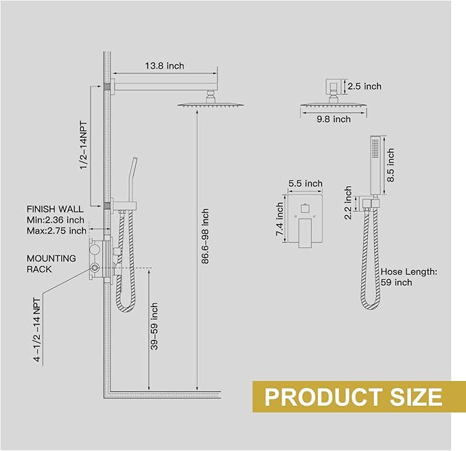 NERDON Shower System, 12 Inch Brushed Gold Shower Faucet Set with Rain Handheld, Wall Mounted Shower Faucet sets Complete for Bathroom Shower Fixtures Rough in Valve Body and Trim Kit