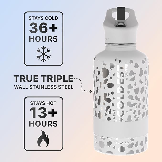 Coldest Sports Water Bottle - (Straw Lid), Leak Proof, Vacuum Insulated Stainless Steel, Hot Cold, Double Walled, Thermo Mug, Metal Canteen (64 oz, Silver Leopard)