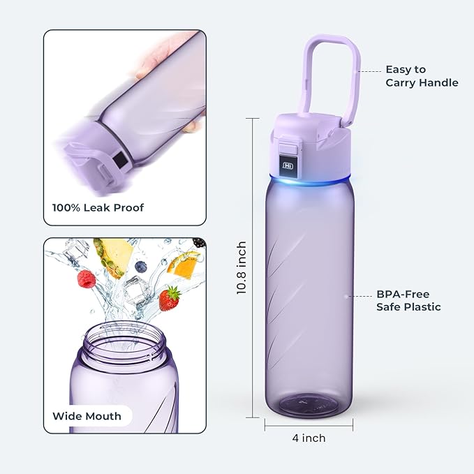 Smart Water Bottle with Reminder to Drink Water, Motivate & Tracking Hydration Water Bottle with App, 32 oz Tritan BPA-Free Plastic Water Bottles for Gym, School, Office - Purple