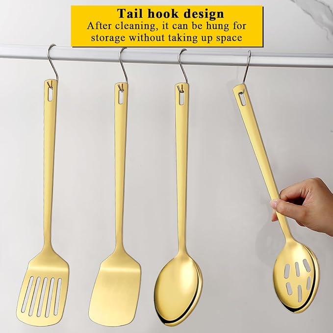 Homquen Gold Kitchen Utensils Set 4pcs, Titanium Gold Plating Stainless Steel Cooking Utensils Set, Kitchen Tools Spatulas Set, Cooking Spoons, Home Essentials Kitchen Gadgets Accessories